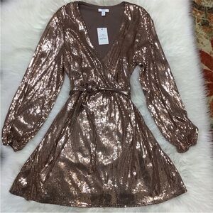 NEW Cara Santana x Nine West Bronze Sequin Faux Wrap Dress sz M Metallic NWT